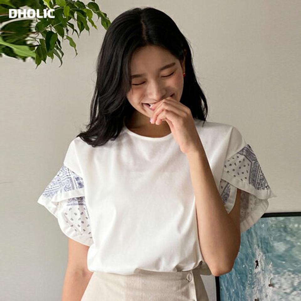ペイズリーフリルTシャツ・全3色・b00244 レディース 【tops】韓国 ファッション トップス Tシャツ 半袖 ラウンドネック ペイズリー パターン ショートスリーブ 細身 カジュアル 体型カーバー ガーリー かわいい フリル 春 夏 NIJU
