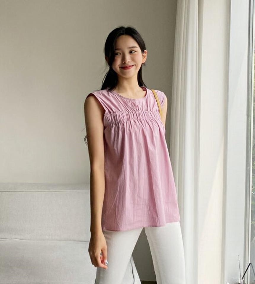 ギャザーゴムスリーブレス・全5色・t00240 レディース 【tops】韓国 ファッション トップス スリーブレス ノースリーブ スリム ベーシック ゴム ラウンドネック スリット 体型カーバー 細身 春 夏 NIJU