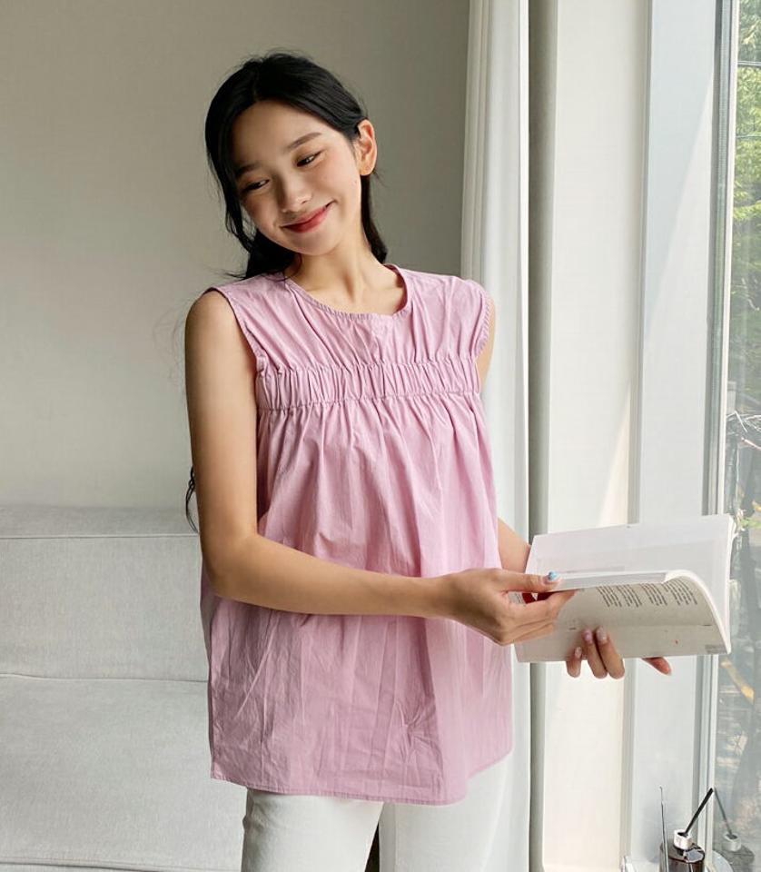 ギャザーゴムスリーブレス・全5色・t00240 レディース 【tops】韓国 ファッション トップス スリーブレス ノースリーブ スリム ベーシック ゴム ラウンドネック スリット 体型カーバー 細身 春 夏 NIJU