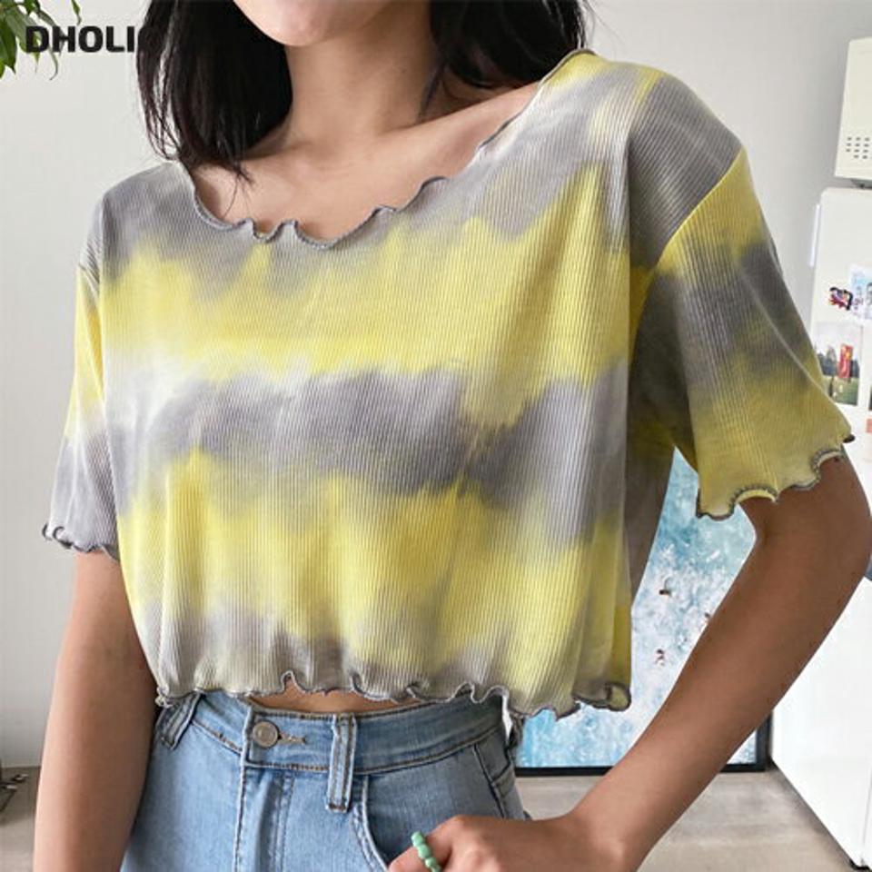 タイダイメロウTシャツ・全4色・t00241 レディース 【tops】韓国 ファッション トップス Tシャツ 半袖 ユニーク レーヨン タイダイ パターン メロウヘム ラウンドネック クロップド丈 細身 カジュアル 体型カーバー ガーリー 春 夏 NIJU