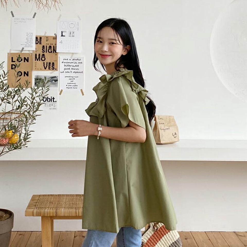 フリルピンタックミニワンピース・全3色・t64440 レディース 【ops】 韓国 ファッション ワンピース ミニワンピース ミニ丈 ショート丈 チュニック 半袖 ハーフスリーブ ラウンドネック フリル 無地 ルーズ ゆったり 体型カバー カジュアル 夏 NIJU