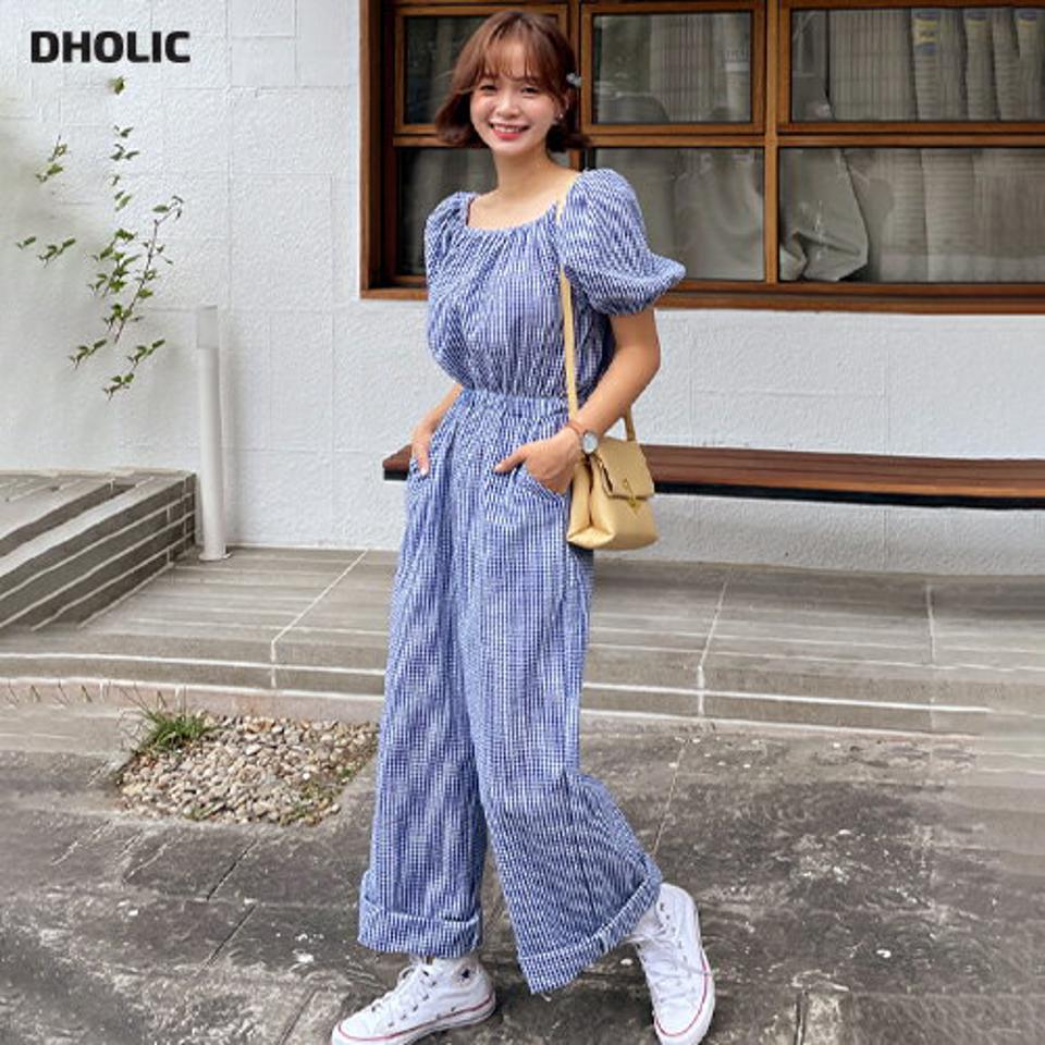チェックボタンヘムオールインワン・全2色・t57732 レディース 【pt】オールインワン パンツ ズボン 半袖 ロングパンツ チェック柄 ギンガムチェック 可愛い かわいい ガーリー デコルテ 鎖骨 春 夏 韓国 ファッション