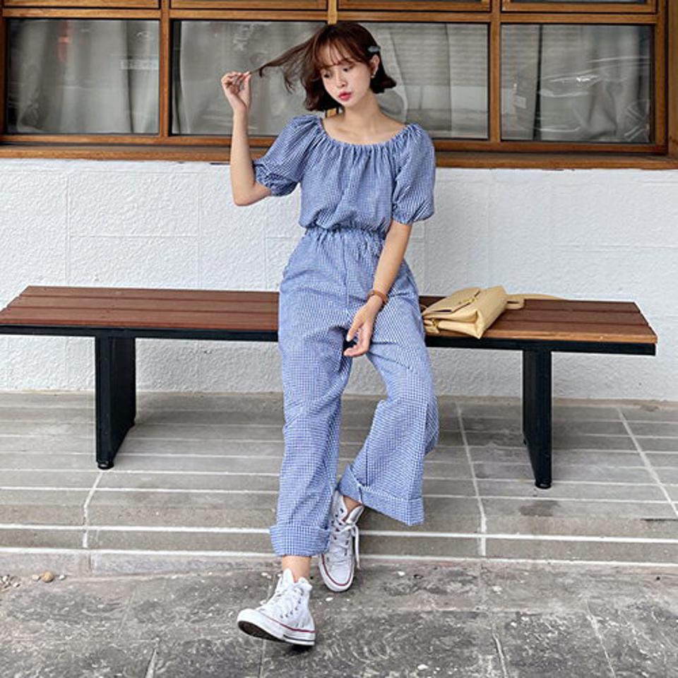 チェックボタンヘムオールインワン・全2色・t57732 レディース 【pt】オールインワン パンツ ズボン 半袖 ロングパンツ チェック柄 ギンガムチェック 可愛い かわいい ガーリー デコルテ 鎖骨 春 夏 韓国 ファッション