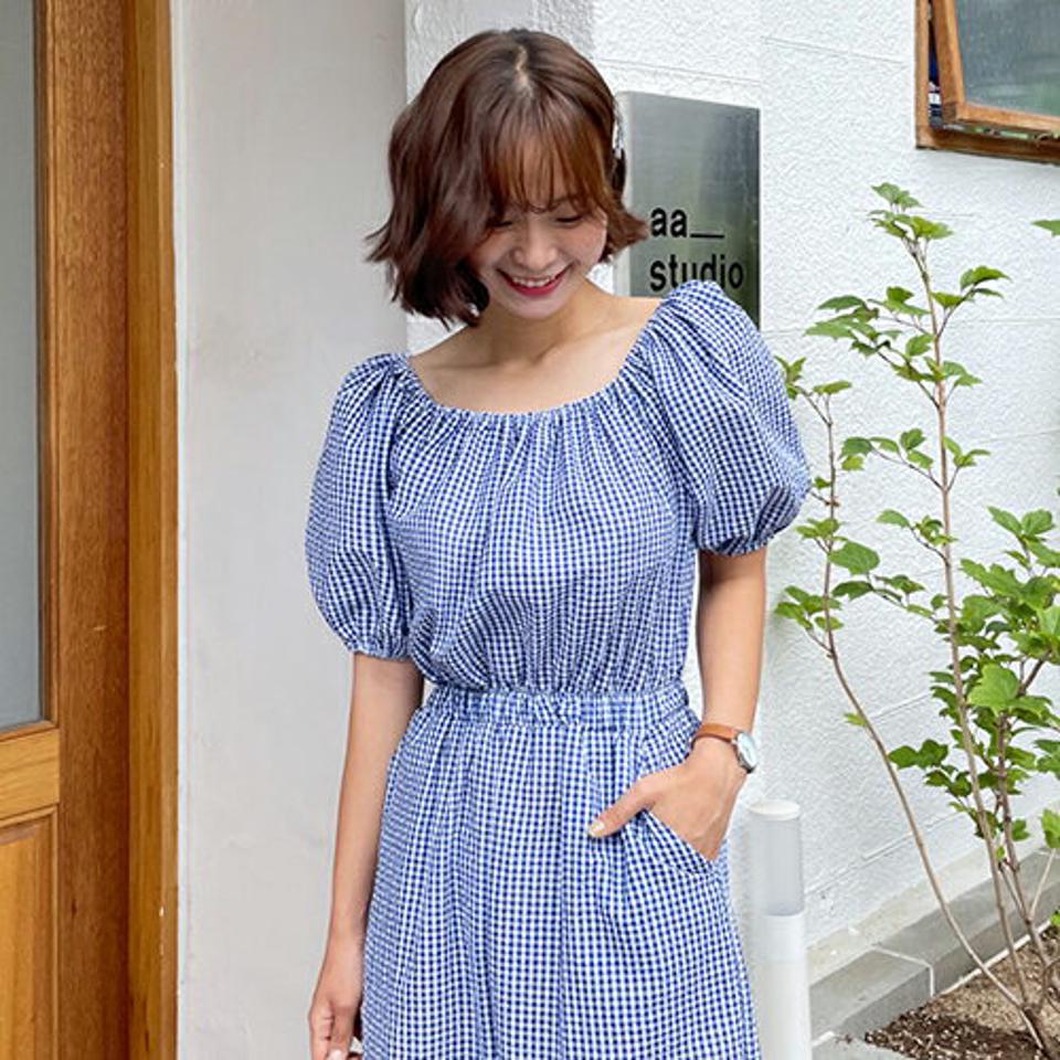 チェックボタンヘムオールインワン・全2色・t57732 レディース 【pt】オールインワン パンツ ズボン 半袖 ロングパンツ チェック柄 ギンガムチェック 可愛い かわいい ガーリー デコルテ 鎖骨 春 夏 韓国 ファッション