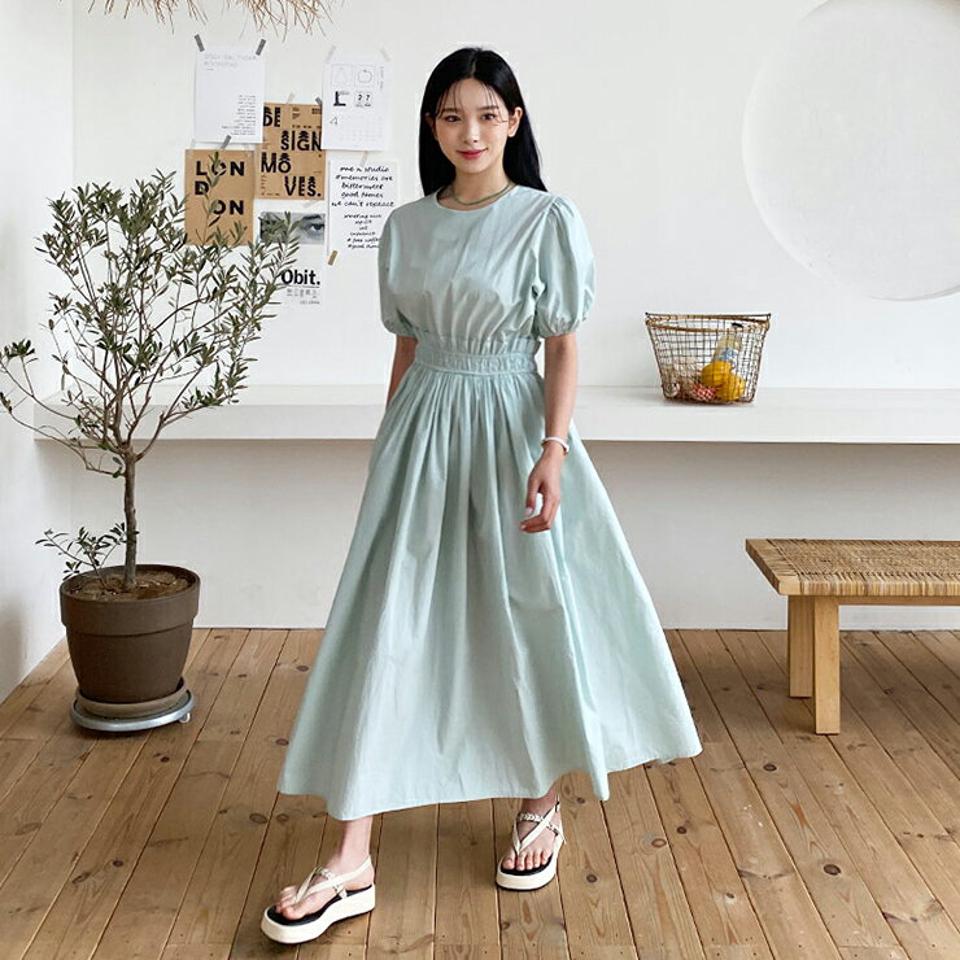 フリルギャザーワンピース・全3色・t64444 レディース 【ops】 韓国 ファッション ワンピース ロングワンピース ロング丈 フレア Aライン 半袖 ハーフスリーブ パフスリーブ ボリューム袖 無地 コットン100 シンプル きれいめ カジュアル 夏 NIJU