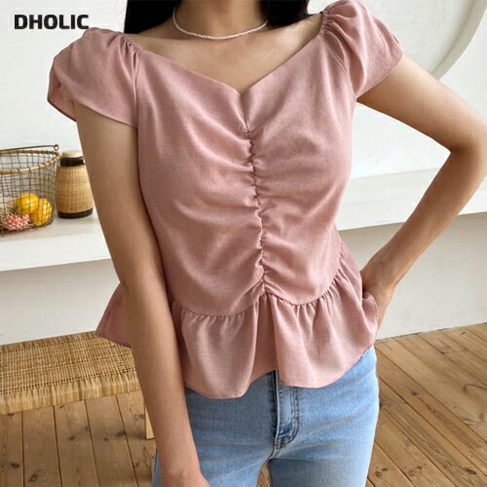 フリルギャザーブラウス・全3色・t64431 レディース 【bl】 韓国 ファッション トップス ブラウス Vネック デコルテ 半袖 ショートスリーブ フレンチスリーブ キャップスリーブ ペプラム フレアヘム 無地 カジュアル 夏 NIJU