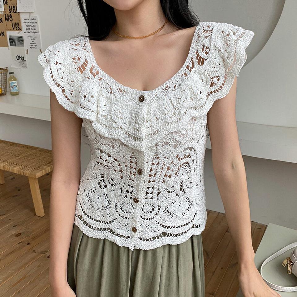 ボタンフリルニット・全2色・t64438 レディース 【tops】 韓国 ファッション トップス ニット サマーニット クロシェニット クロシェ編み 鍵編み ノースリーブ スリーブレス フリルスリーブ シースルー クロシェ 透ける ボタン 前開 カジュアル 夏 NIJU