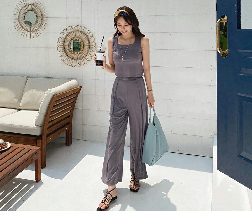 スクエアスリーブレス&タックパンツSET・全2色・t00097 レディース 【pt】セットアップ setup トップス スリーブレス ノースリーブ パンツ ズボン ロングパンツ タック 単色 無地 シンプル 大人 春 夏 韓国 ファッション ハイホリHIHOLLI