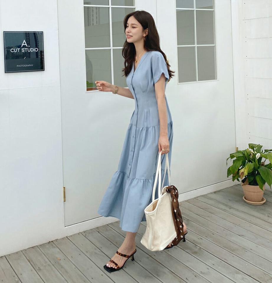 Vネックタックティアードワンピース・全2色・b00095 レディース 【ops】ワンピース ロング 半袖 ティアード Vネック タック 単色 無地 シンプル 春 夏 韓国 ファッション ハイホリHIHOLLI