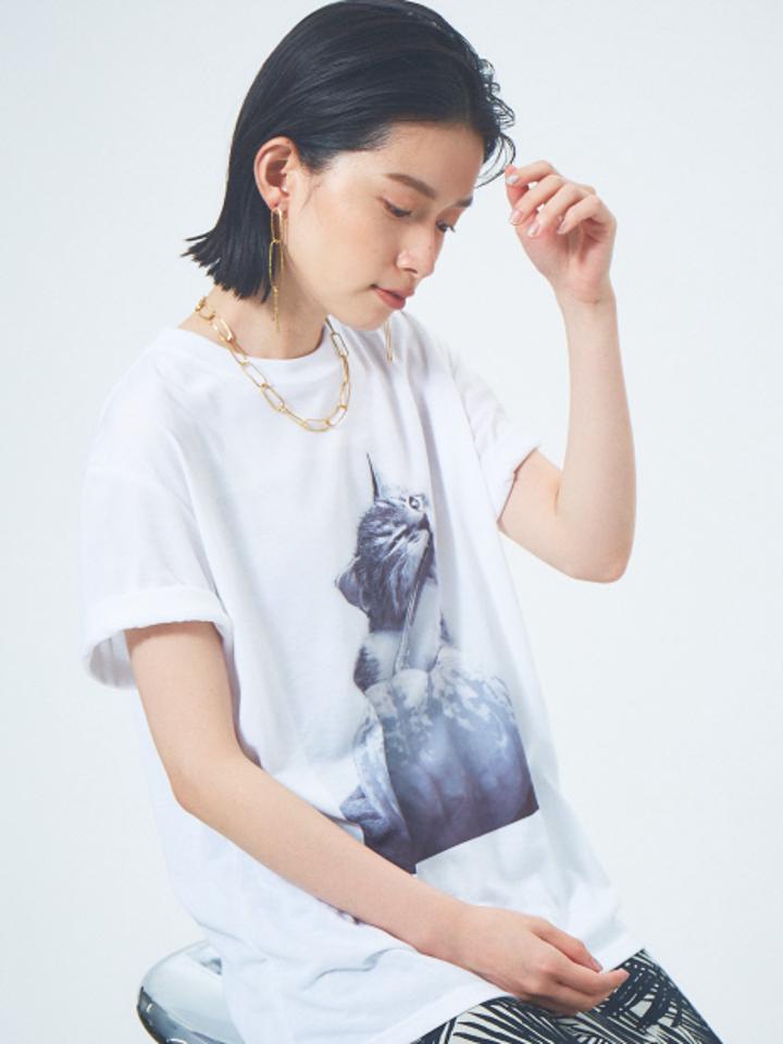 【9-22】フォトプリントTシャツ ネコ 自転車 一輪挿し【予約】