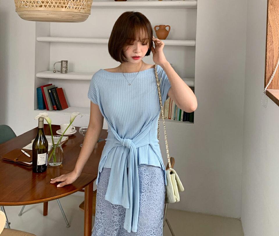 リボンボートネックニット・全3色・t62455 レディース 【tops】韓国 ファッション トップス ニット 半袖 デイリー カジュアル ボートネック 上品 リボン リブ スリム アンバランス タイト フィット 細身 体型カーバー 夏 春