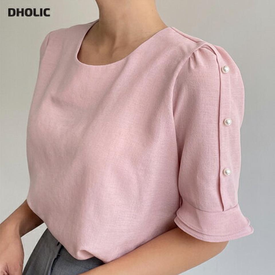 フェイクパールスリーブブラウス・全5色・t62452 レディース 【bl】韓国 ファッション トップス ブラウス 半袖 大人 パール フェミニン ラウンドネック オフィスカジュアル カジュアル 無地 夏 春