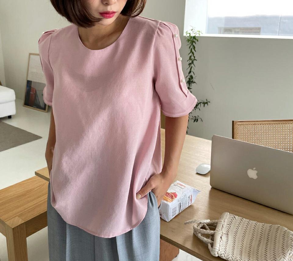 フェイクパールスリーブブラウス・全5色・t62452 レディース 【bl】韓国 ファッション トップス ブラウス 半袖 大人 パール フェミニン ラウンドネック オフィスカジュアル カジュアル 無地 夏 春