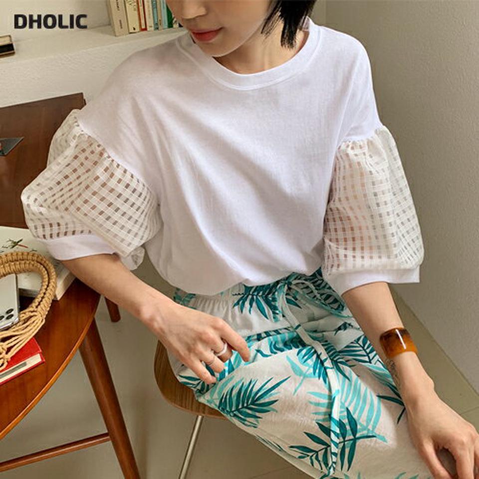 チェックスリーブルーズTシャツ・全2色・t62454 レディース 【tops】韓国 ファッション トップス Tシャツ 半袖 チェック ルーズ シンプル ラウンドネック 7分丈 異素材 ルーズ ゆったり 体型カーバー 細身 夏 春