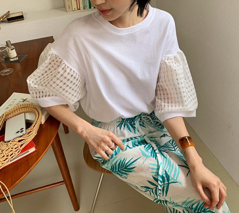チェックスリーブルーズTシャツ・全2色・t62454 レディース 【tops】韓国 ファッション トップス Tシャツ 半袖 チェック ルーズ シンプル ラウンドネック 7分丈 異素材 ルーズ ゆったり 体型カーバー 細身 夏 春