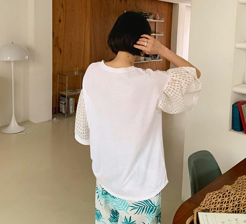 チェックスリーブルーズTシャツ・全2色・t62454 レディース 【tops】韓国 ファッション トップス Tシャツ 半袖 チェック ルーズ シンプル ラウンドネック 7分丈 異素材 ルーズ ゆったり 体型カーバー 細身 夏 春
