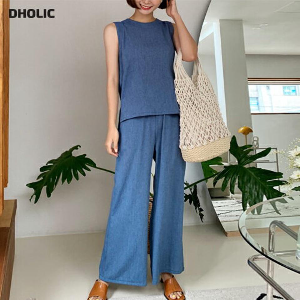 リネン混ギャザースリーブレス&パンツSET・全3色・e62483 レディース 【pt】韓国ファッション ボトムス ロング ロングパンツ ワイド セットアップ リネン スリーブレス ギャザー 大人 10分丈 体型カバー 細身 カジュアル 夏 春