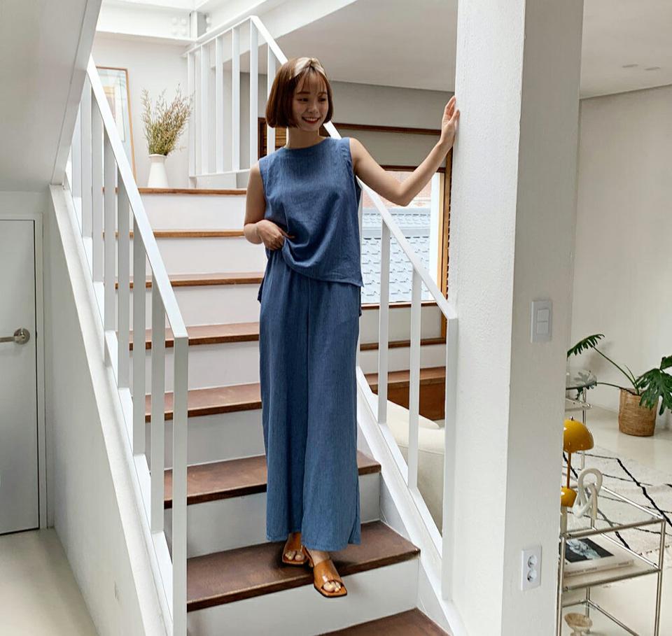 リネン混ギャザースリーブレス&パンツSET・全3色・e62483 レディース 【pt】韓国ファッション ボトムス ロング ロングパンツ ワイド セットアップ リネン スリーブレス ギャザー 大人 10分丈 体型カバー 細身 カジュアル 夏 春