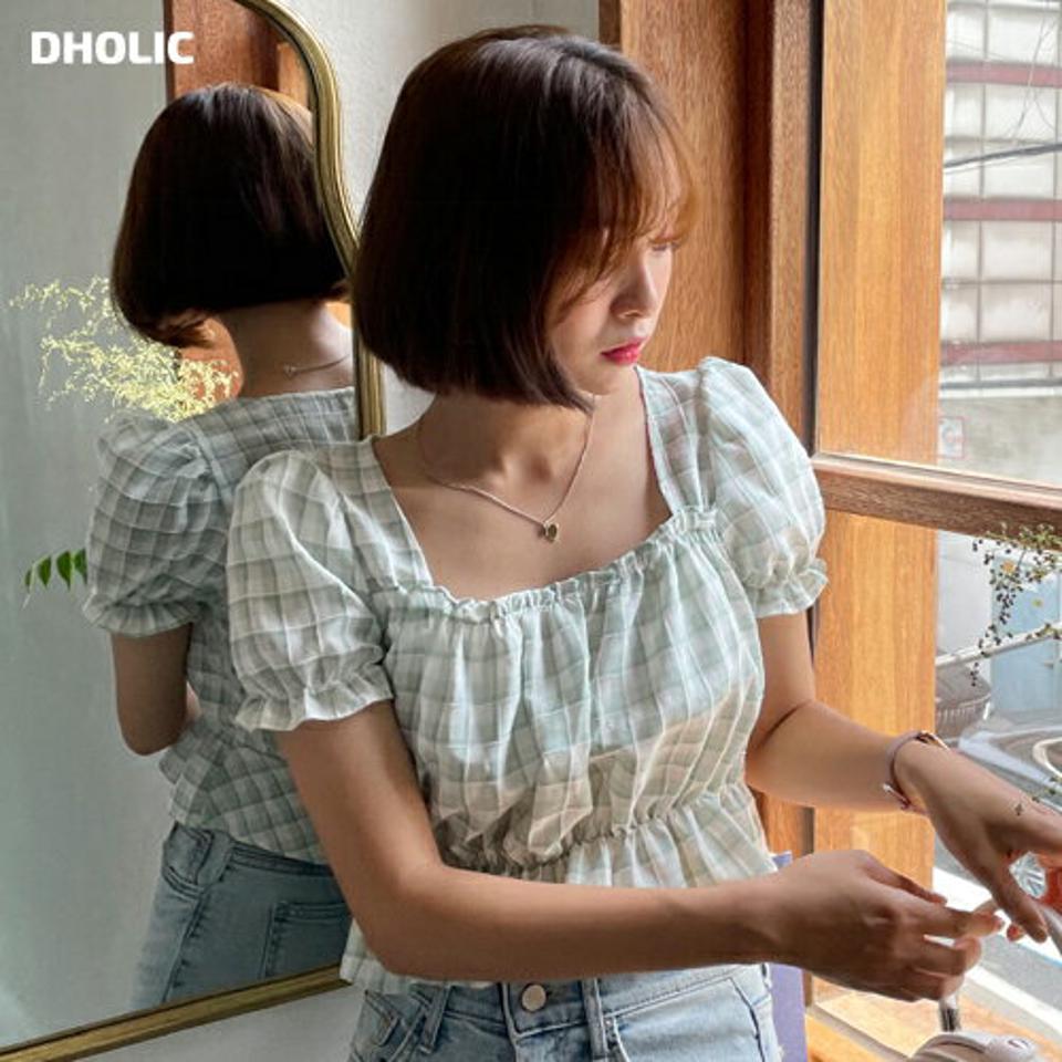 チェックギャザーブラウス・全4色・t62449 レディース 【bl】韓国 ファッション トップス ブラウス 半袖 大人 デコルテ ガーリー チェック パターン ギャザー スクエアネック ゴム クロップド丈 カジュアル フェミニン 夏 春