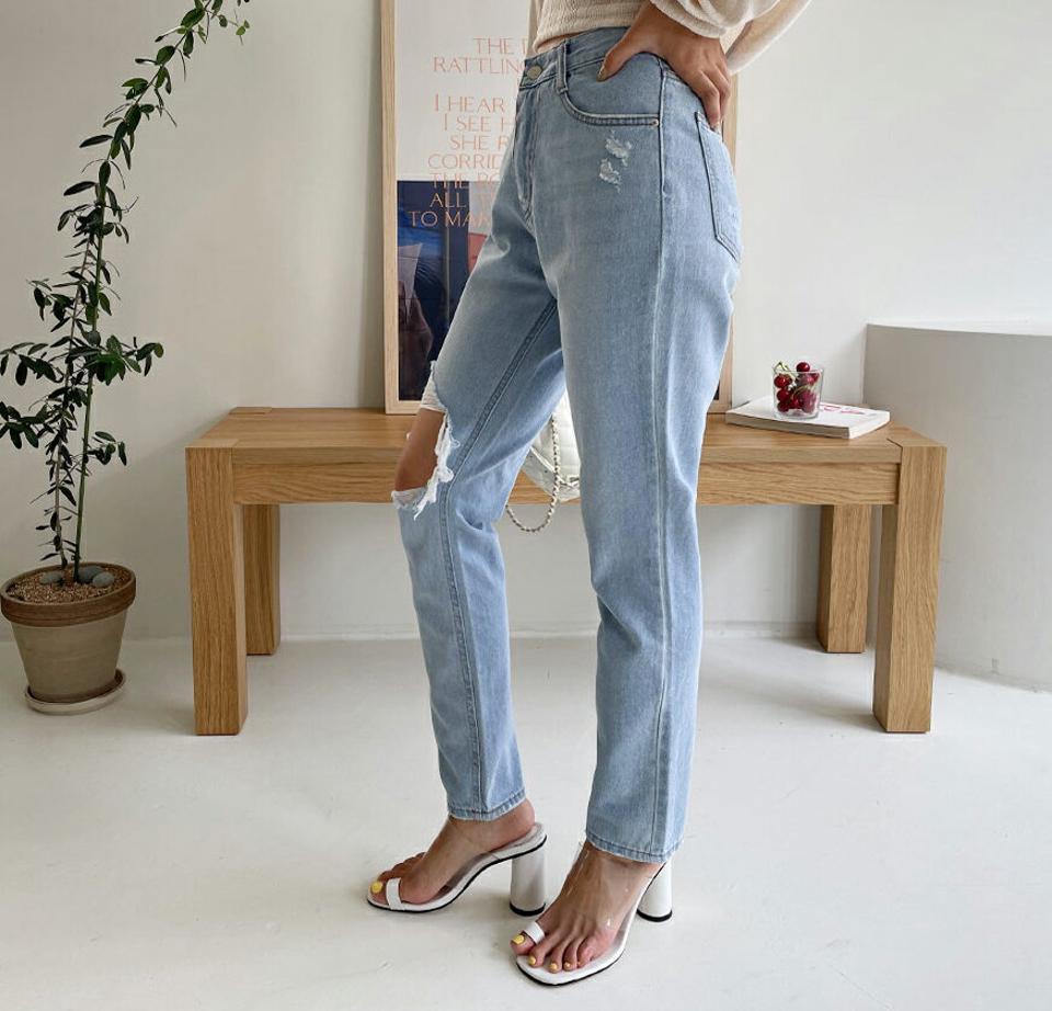 テーパードデニムパンツ・全1色・t62473 レディース 【pt】韓国 ファッション ボトムス ロング ロングパンツ テーパード デニム 足長 大人 10分丈 体型カーバー 細身 ストレート デニムパンツ 夏 春