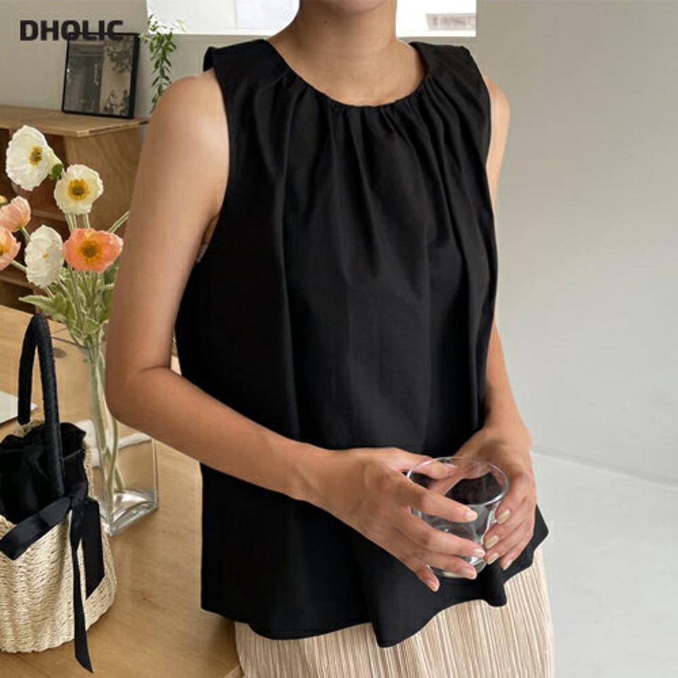 ギャザースリーブレス・全3色・t62464 レディース 【bl】韓国 ファッション トップス ブラウス 半袖 大人 デコルテ フェミニン ギャザー ラウンドネック スリーブレス ノースリーブ カジュアル 無地 夏 春