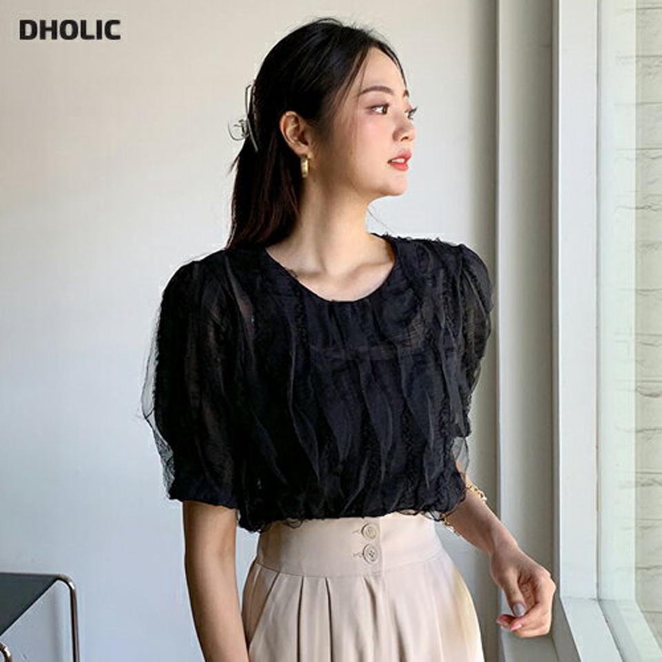 ウェーブフリルブラウス・全2色・b65436 レディース 【bl】韓国 ファッション トップス ブラウス 半袖 大人 ボタン ラウンドネック ウェーブ フリル スリット カジュアル フェミニン 夏 春