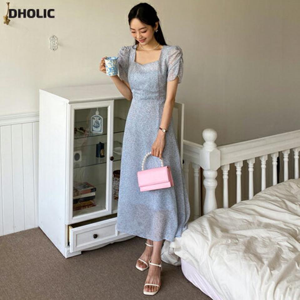フローラルパフワンピース・全4色・t65437 レディース 【ops】韓国 ファッション ワンピース ロング ロングワンピース 半袖 花柄 フラワー パターン 小花柄 ラウンドネック リボン ギャザー 体型カバー スリム 夏 春