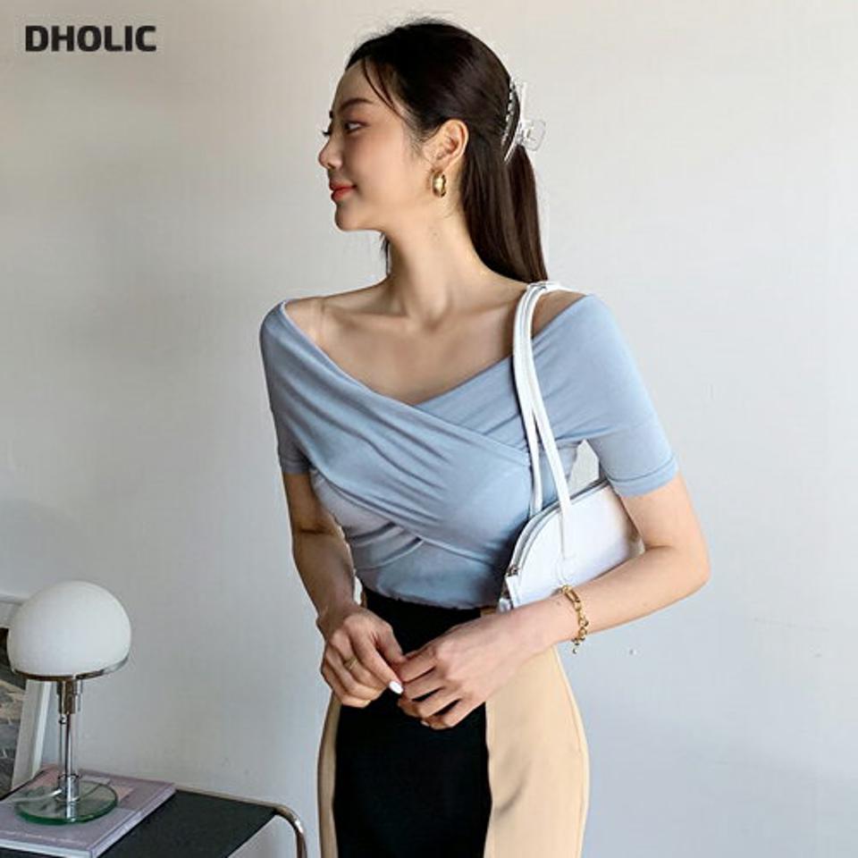 2WAYスリムクロスTシャツ・全4色・t65428 レディース 【tops】韓国 ファッション トップス Tシャツ 半袖 デイリー フィット クロス Vネック オフショル スリム デコルテ カジュアル 細身 体型カーバー 夏 春