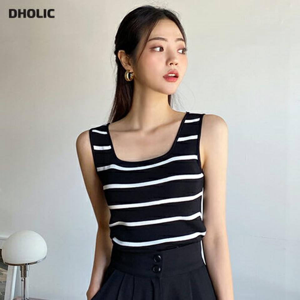 ボーダースリーブレス・全2色・b65399 レディース 【tops】韓国 ファッション トップス スリーブレス 上品 やわらかい スリム ボーダー パターン スクエアネック 首元 デコルテ 細身 コンパクト 大人 体型カーバー タイト 夏 春
