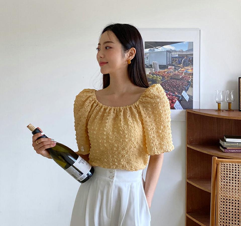 2WAYスクエアゴムブラウス・全4色・t65433 レディース 【bl】韓国 ファッション トップス ブラウス 半袖 大人 デコルテ スクエアネック ルーズ ゴム フィット オフショル フレアスリーブ カジュアル フェミニン 無地 夏 春