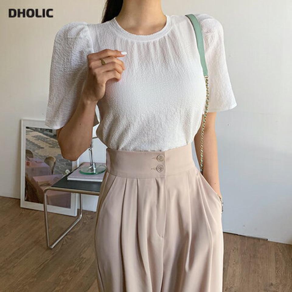 【10%OFF】ショルダーギャザーブラウス・全3色・b65431 レディース 【bl】韓国ファッション トップス ブラウス 半袖 大人 ウンドネック ギャザー リンクル ベーシック カジュアル フェミニン 無地 シンプル 夏 春 blsセール