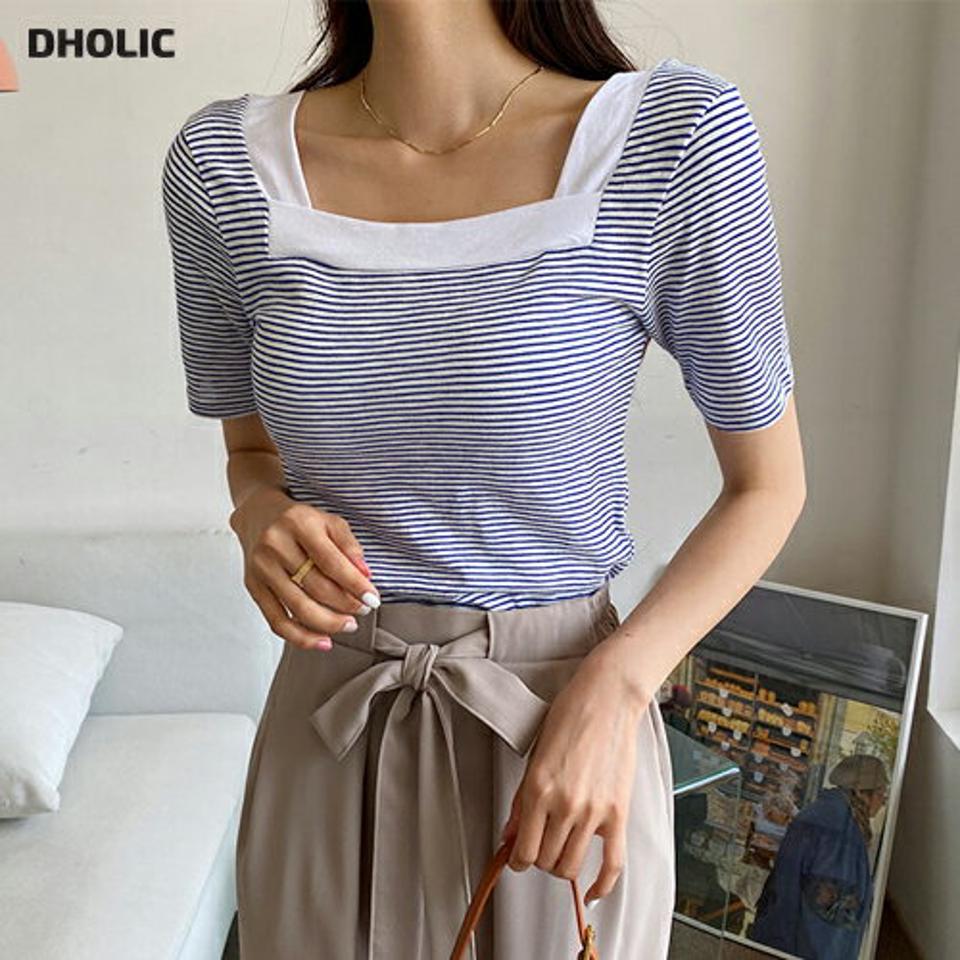 スクエア配色Tシャツ・全2色・t65430 レディース 【tops】韓国 ファッション トップス Tシャツ 半袖 デイリー デコルテ スクエアネック 配色 ボーダー パターン カジュアル 細身 体型カーバー 夏 春