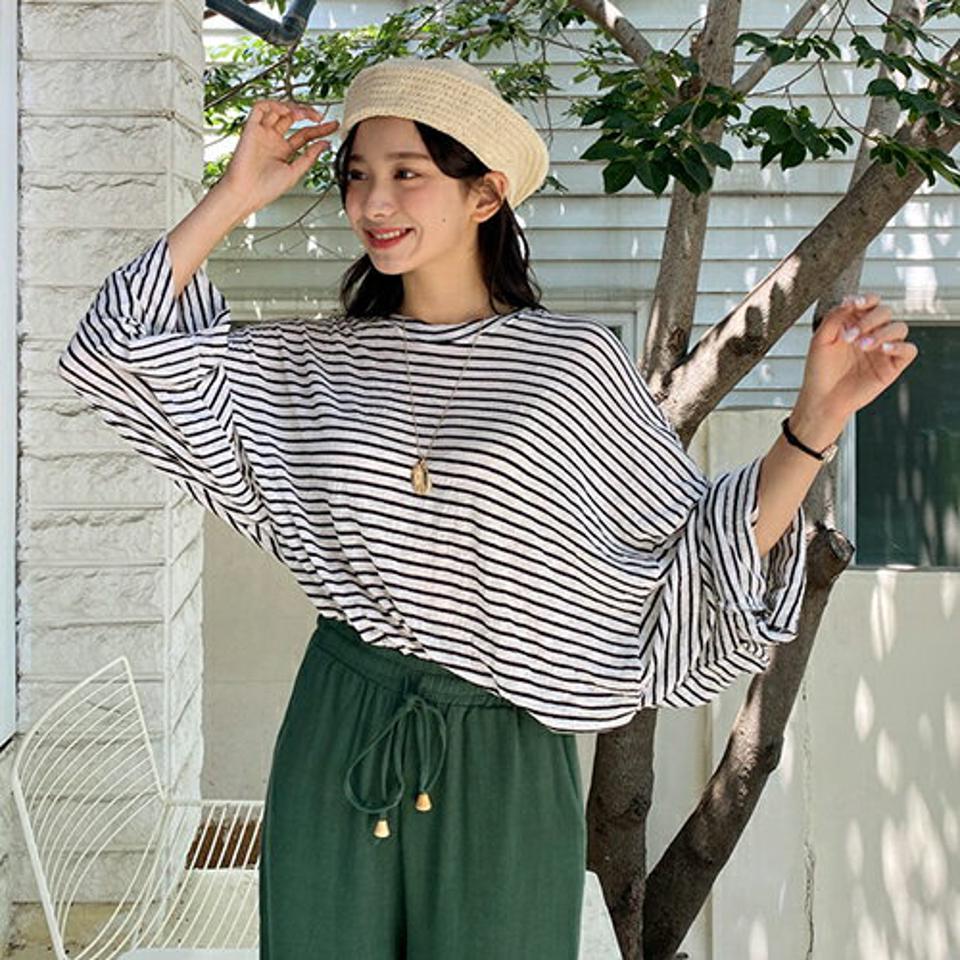 ボクシーボーダーTシャツ・全4色・t64538 レディース 【tops】韓国 ファッション トップス Tシャツ 長袖 ボーダー パターン ラウンドネック ボクシー スリット ボリューム 体型カーバー ベーシック シンプル ゆったり ルーズ 春 夏 NIJU