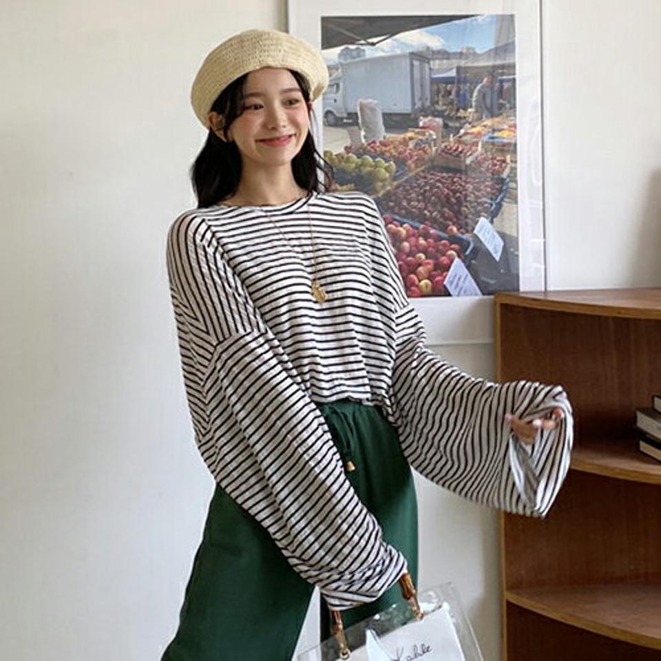 ボクシーボーダーTシャツ・全4色・t64538 レディース 【tops】韓国 ファッション トップス Tシャツ 長袖 ボーダー パターン ラウンドネック ボクシー スリット ボリューム 体型カーバー ベーシック シンプル ゆったり ルーズ 春 夏 NIJU