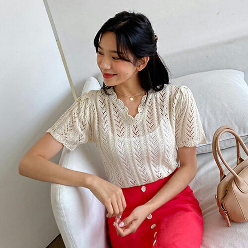 スカラップパンチングニット・全3色・b64544 レディース 【tops】韓国 ファッション トップス ニット 半袖 カジュアル かわいい ベーシック スカラップ Vネック パンチング デコルテ 細身 体型カーバー ガーリー デイリー 春 夏 NIJU