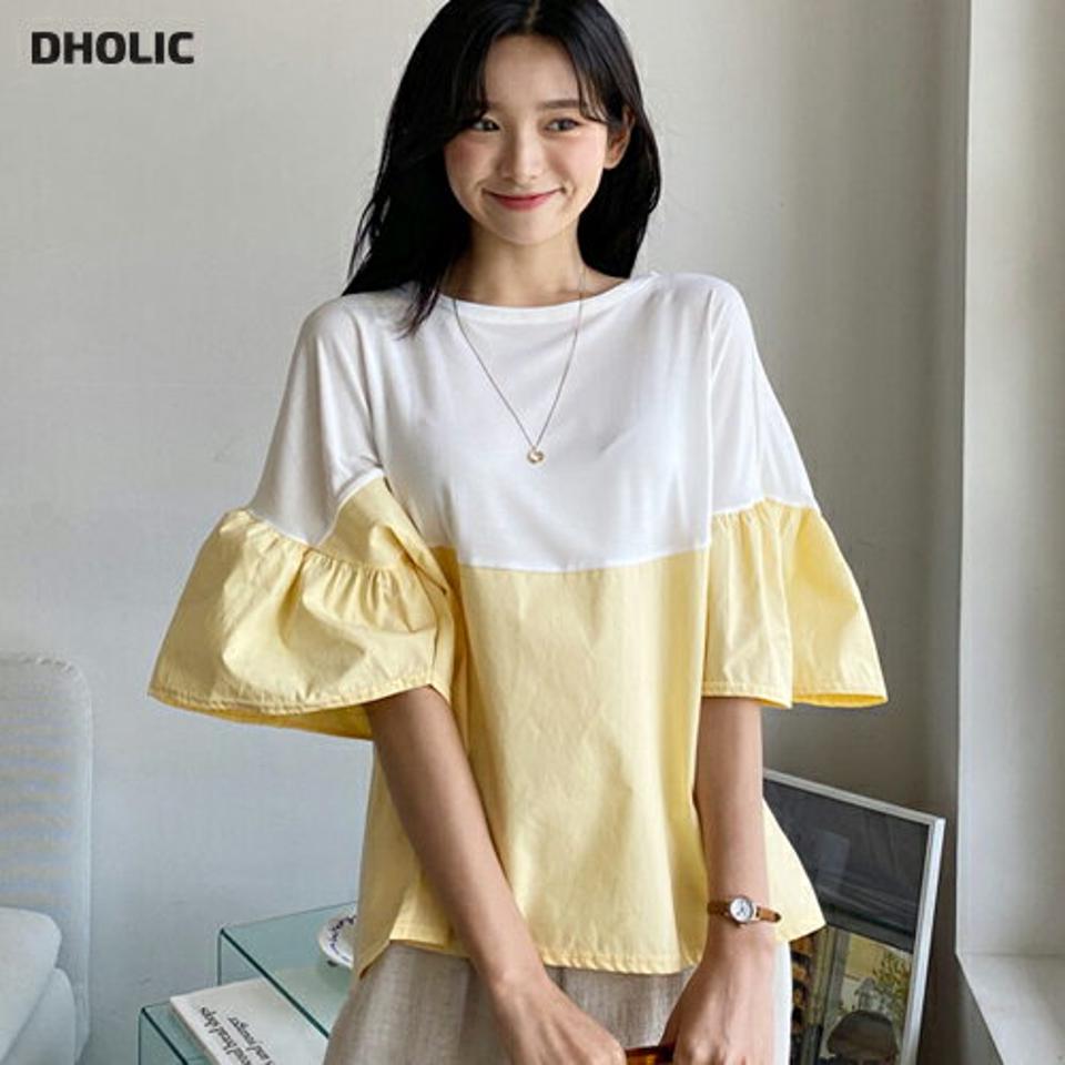 フレア配色Tシャツ・全4色・b64537 レディース 【tops】韓国 ファッション トップス Tシャツ 半袖 フレア 肘丈袖 ラウンドネック 配色 体型カーバー ベーシック かわいい シンプル ゆったり ルーズ 春 夏 NIJU