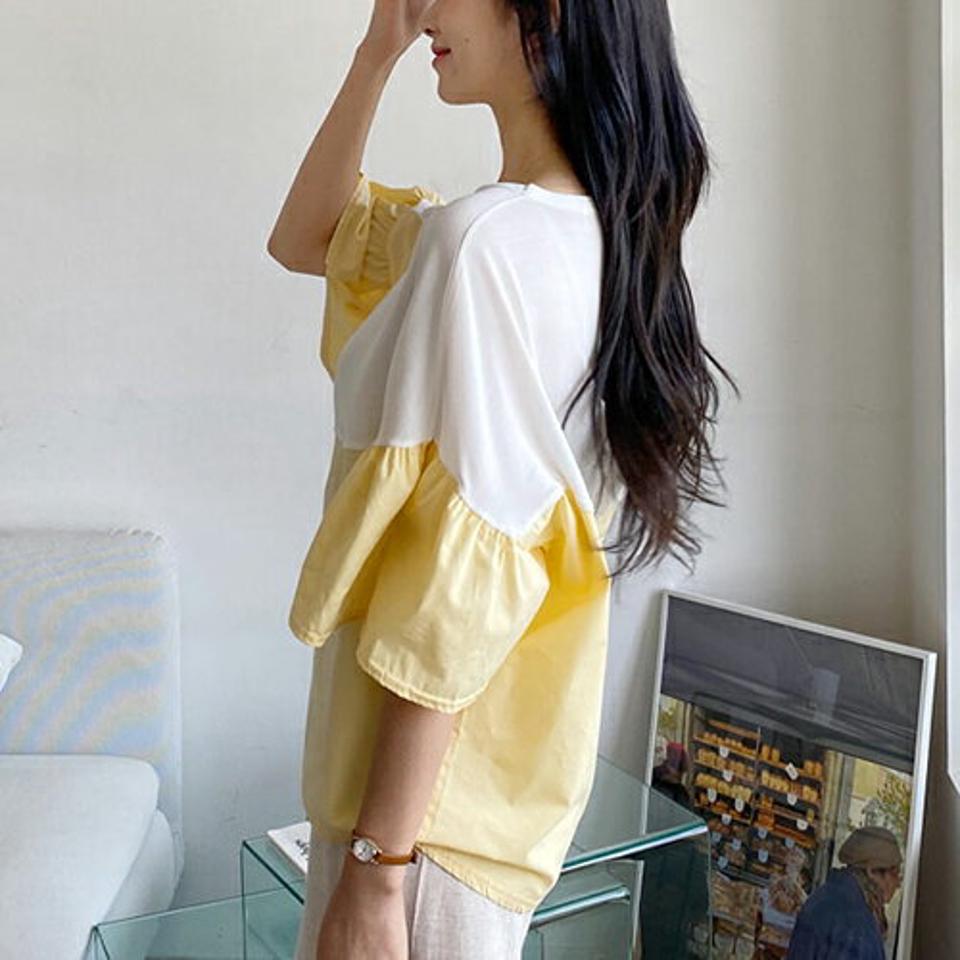 フレア配色Tシャツ・全4色・b64537 レディース 【tops】韓国 ファッション トップス Tシャツ 半袖 フレア 肘丈袖 ラウンドネック 配色 体型カーバー ベーシック かわいい シンプル ゆったり ルーズ 春 夏 NIJU