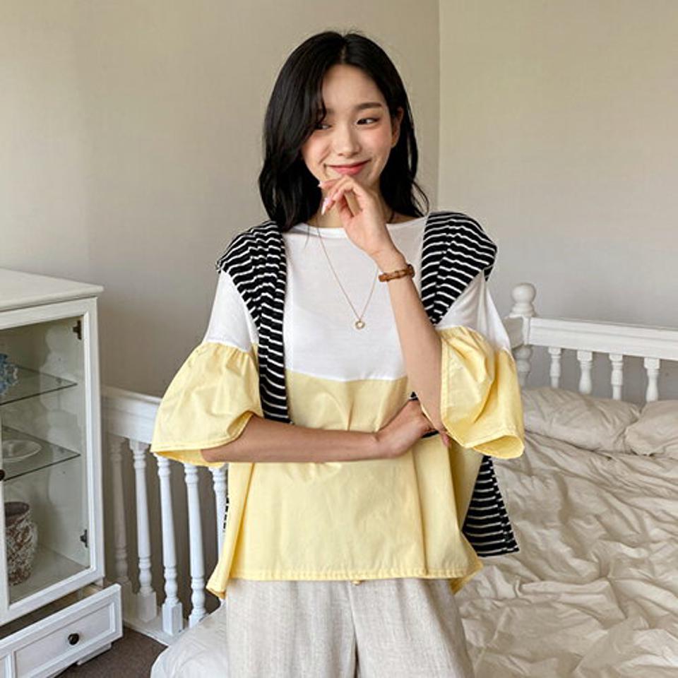 フレア配色Tシャツ・全4色・b64537 レディース 【tops】韓国 ファッション トップス Tシャツ 半袖 フレア 肘丈袖 ラウンドネック 配色 体型カーバー ベーシック かわいい シンプル ゆったり ルーズ 春 夏 NIJU