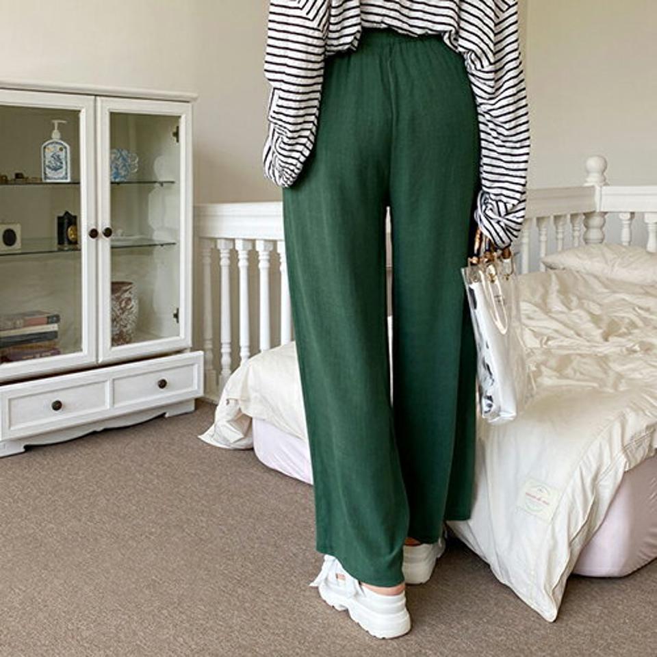 ウエストゴムワイドパンツ・全4色・b64539 レディース 【pt】韓国 ファッション ボトムス パンツ ロング ロングパンツ ゴム ウッド調 カジュアル ストレート スリム 細身 体型カーバー 10分丈 十分丈 ストリング フィット 足長 春 夏 NIJU