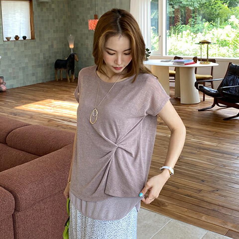 サイドツイストシフォンTシャツ・全4色・b69380 レディース 【tops】トップス Tシャツ 半袖 ツイスト 単色 無地 シンプル シフォン カジュアル ラフ 春 夏 韓国 ファッション ハイホリHIHOLLI