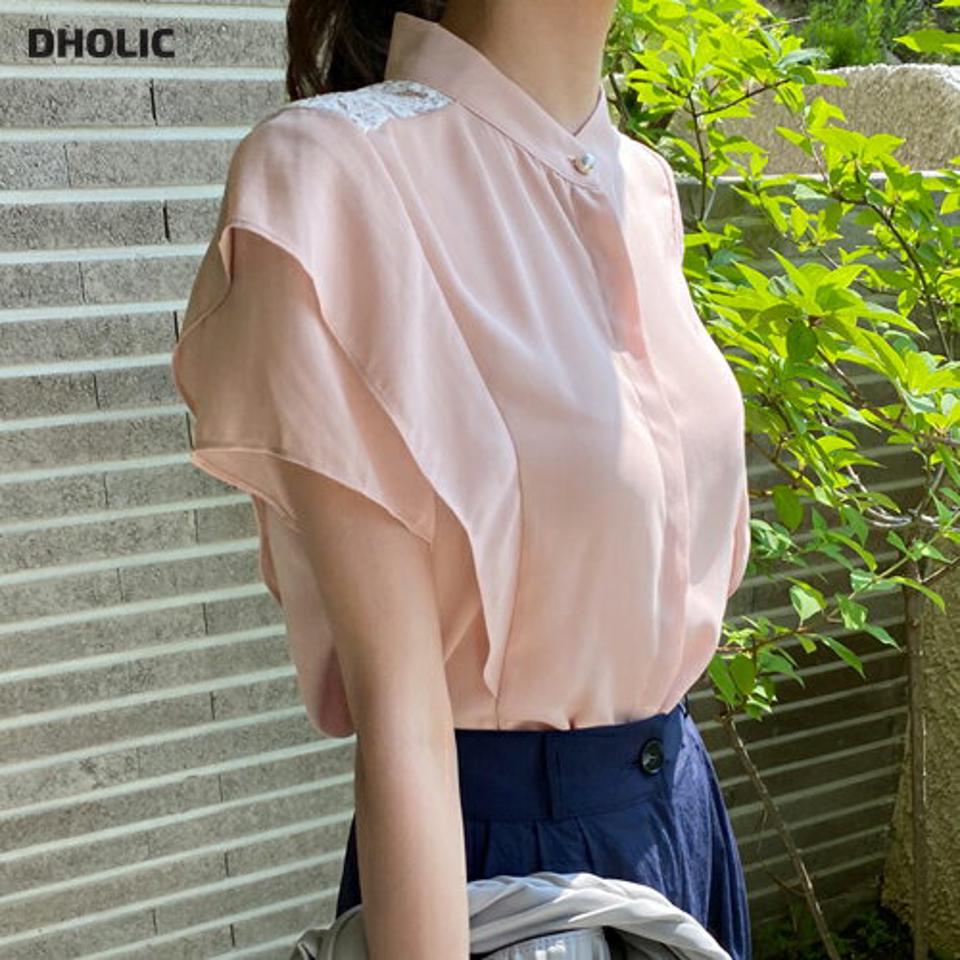 ショルダーレースブラウス・全3色・t69368 レディース 【bl】トップス ブラウス 半袖 ハーフネック フライフロント フリル 単色 シンプル レース 可愛い かわいい ガーリー 大人 春 夏 韓国 ファッション ハイホリHIHOLLI