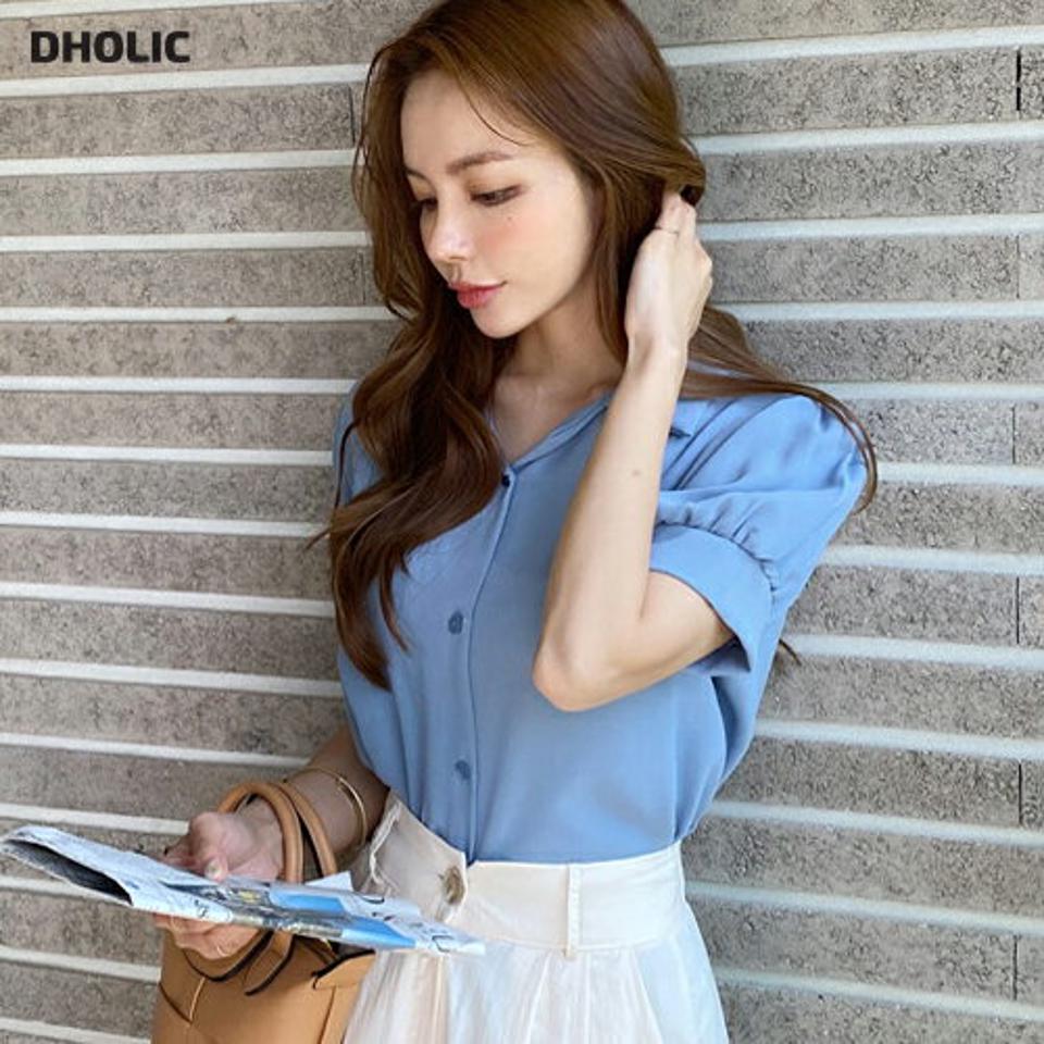 【タイム特価】カラーネックパフスリーブブラウス・全4色・b69372 レディース 【bl】トップス ブラウス 半袖 パフスリーブ パフ袖 単色 無地 シンプル 大人 きれいめ オフィスカジュアル 春 夏 韓国 ファッション ハイホリHIHOLLI【TS】