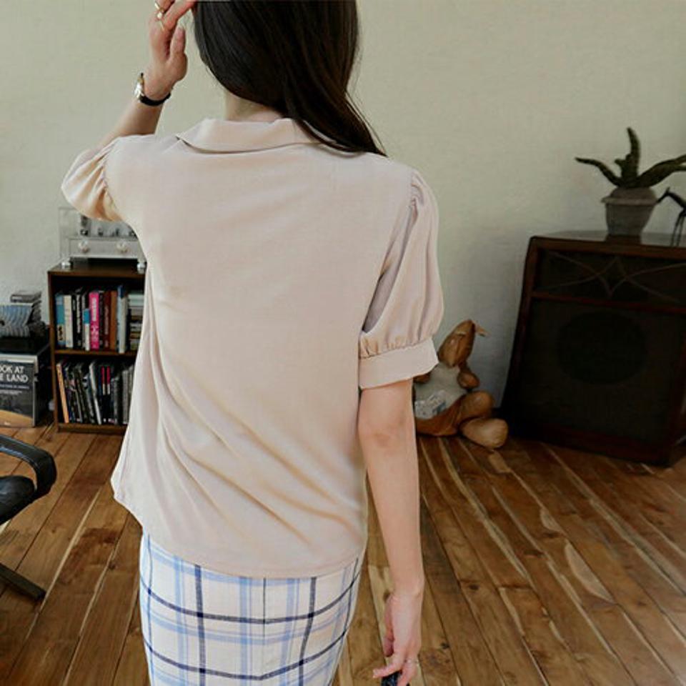 【タイム特価】カラーネックパフスリーブブラウス・全4色・b69372 レディース 【bl】トップス ブラウス 半袖 パフスリーブ パフ袖 単色 無地 シンプル 大人 きれいめ オフィスカジュアル 春 夏 韓国 ファッション ハイホリHIHOLLI【TS】