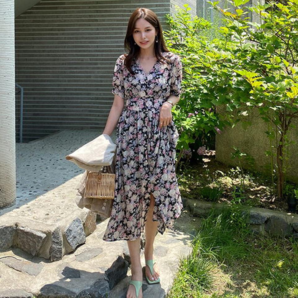 フラワーシフォンワンピース・全2色・b69381 レディース 【ops】ワンピース ミディ丈 ミディワンピース 半袖 ハーフスリーブ Vネック シフォン 花柄 上品 フェミニン フレア 春 夏 韓国 ファッション ハイホリHIHOLLI