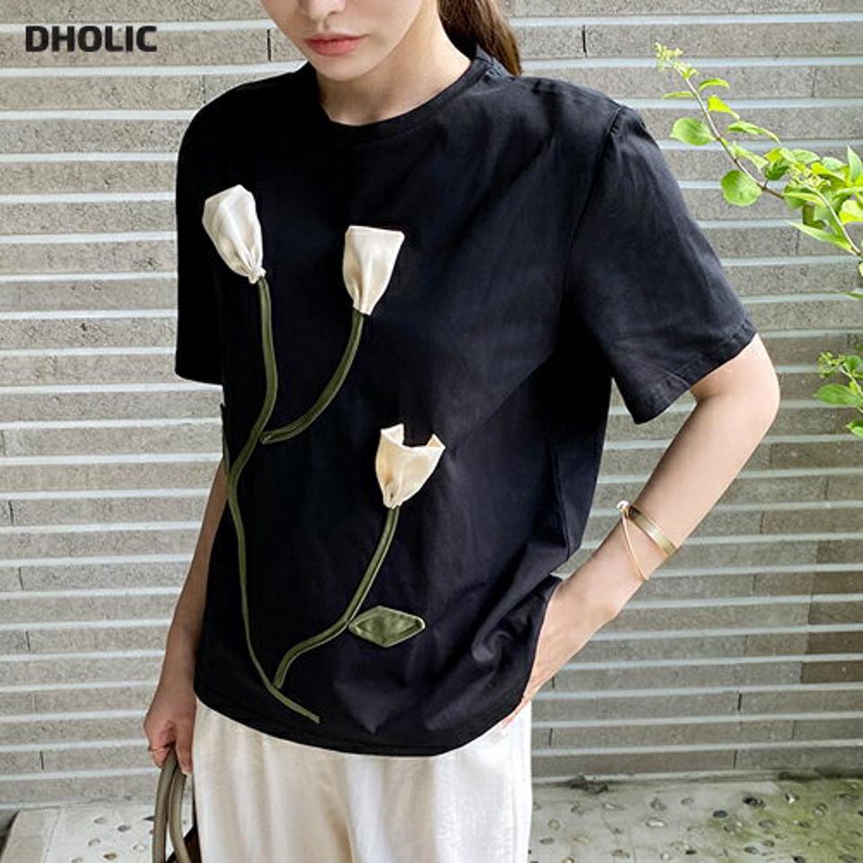 ラウンドチューリップ半袖Tシャツ・全2色・b69373 レディース 【tops】トップス Tシャツ 半袖 ハーフスリーブ 花 チューリップ ラウンドネック ユニーク 可愛い かわいい 大人 春 夏 韓国 ファッション ハイホリHIHOLLI