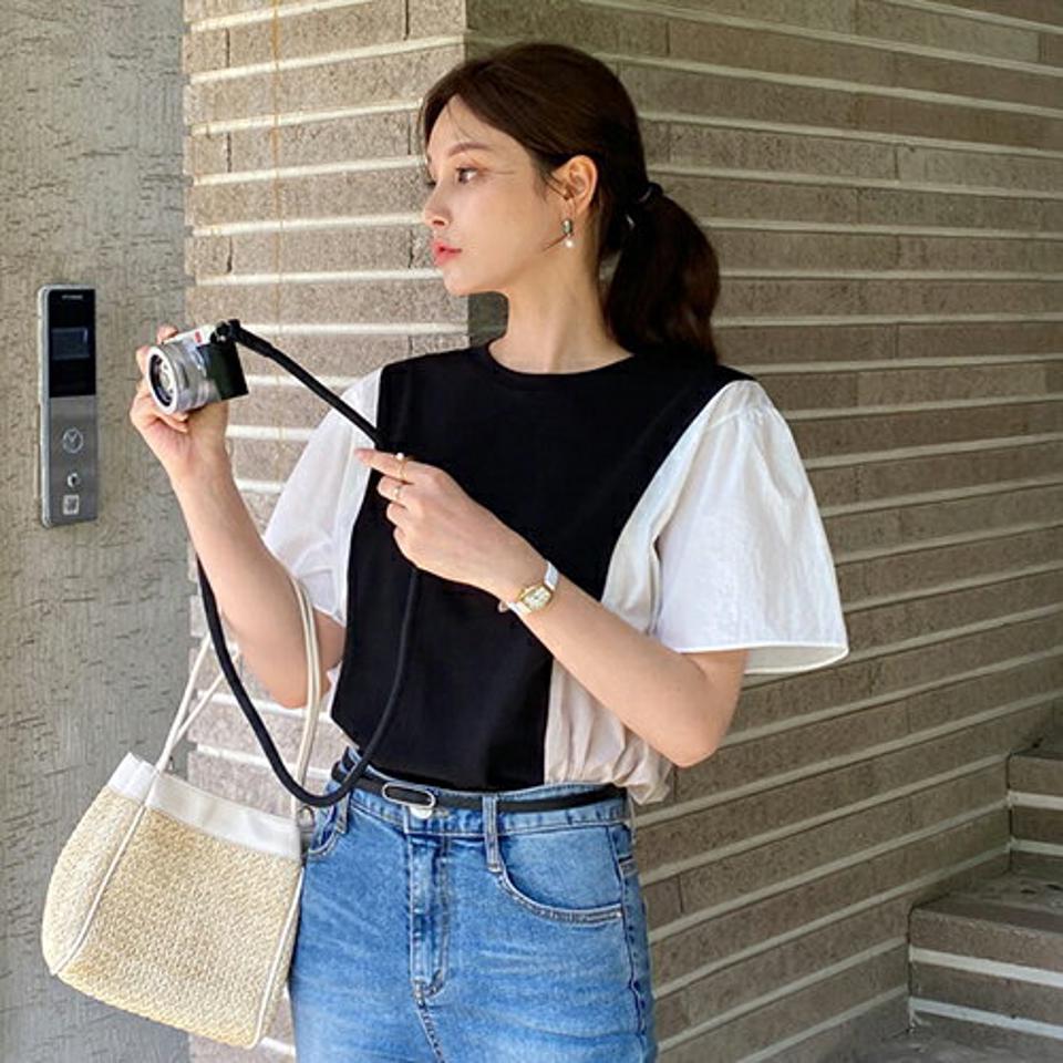 サイド配色ポイントTシャツ・全3色・b69369 レディース 【tops】トップス Tシャツ 半袖 ハーフスリーブ 配色 モダン 大人 カジュアル 春 夏 韓国 ファッション ハイホリHIHOLLI