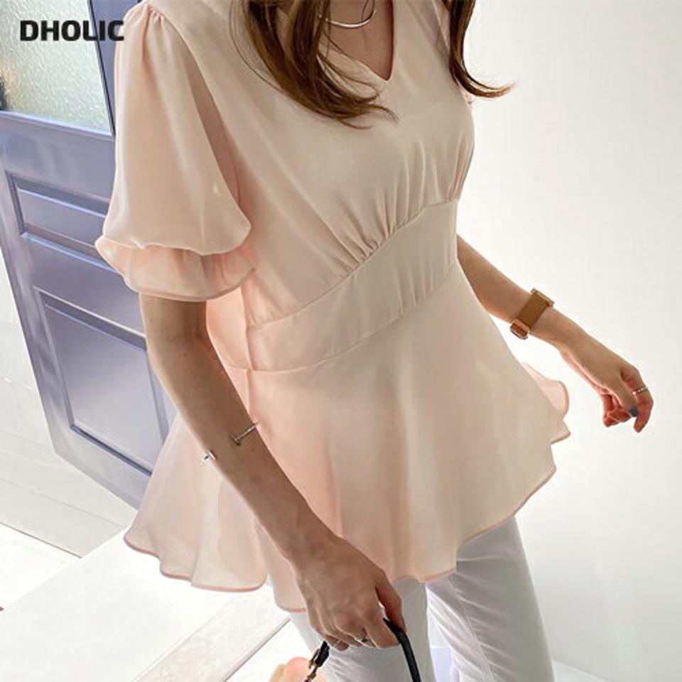 Vネックフレアブラウス・全3色・b69335 レディース 【bl】トップス ブラウス 半袖 ハーフスリーブ Vネック ギャザー フレアトップス 上品 フェミニン 単色 シンプル 春 夏 韓国 ファッション ハイホリHIHOLLI