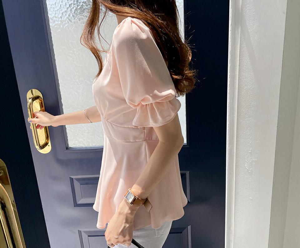 Vネックフレアブラウス・全3色・b69335 レディース 【bl】トップス ブラウス 半袖 ハーフスリーブ Vネック ギャザー フレアトップス 上品 フェミニン 単色 シンプル 春 夏 韓国 ファッション ハイホリHIHOLLI