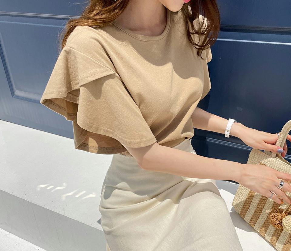≪人気商品再入荷≫チューリップスリーブTシャツ・全3色・b69330 レディース 【tops】トップス Tシャツ 半袖 チューリップスリーブ 単色 無地 シンプル 可愛い かわいい フリル 大人 二の腕カバー 春 夏 韓国ファッション HIHOLLI