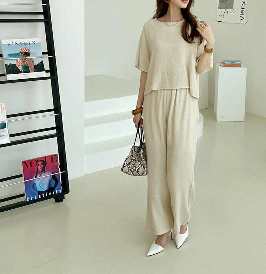 バックスリットブラウス&パンツSET・全2色・t69344 レディース 【pt】セットアップ setup トップス ブラウス 半袖 ハーフスリーブ パンツ ズボン ロングパンツ バックスリット バックシャン クロップド丈 春 夏 韓国 ファッション ハイホリHIHOLLI